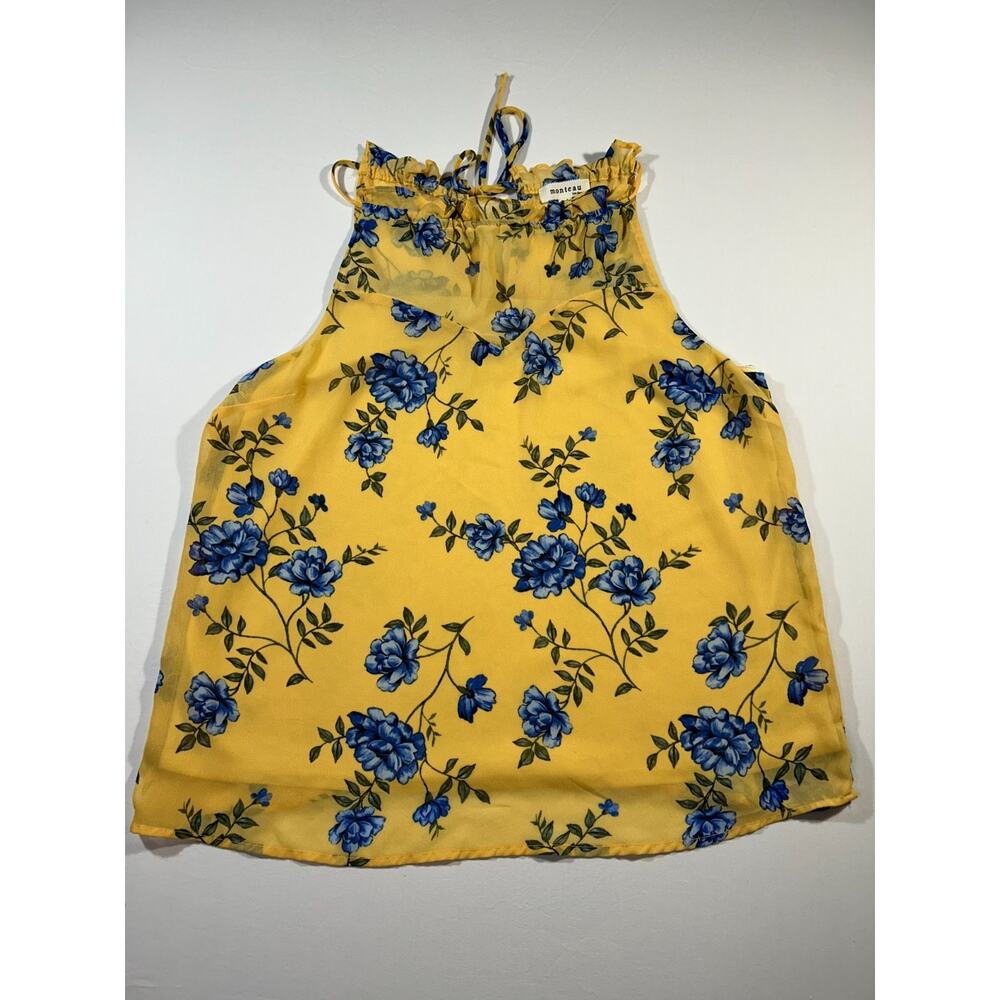 Monteau Yellow Floral High‎ Neck Tank-Top Women’s Large Blue Rose Print
